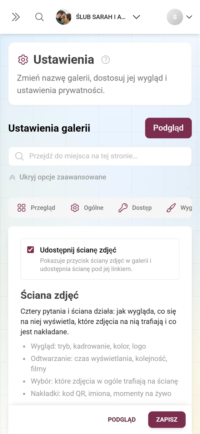 Ustawienia ściany zdjęć w panelu administratora