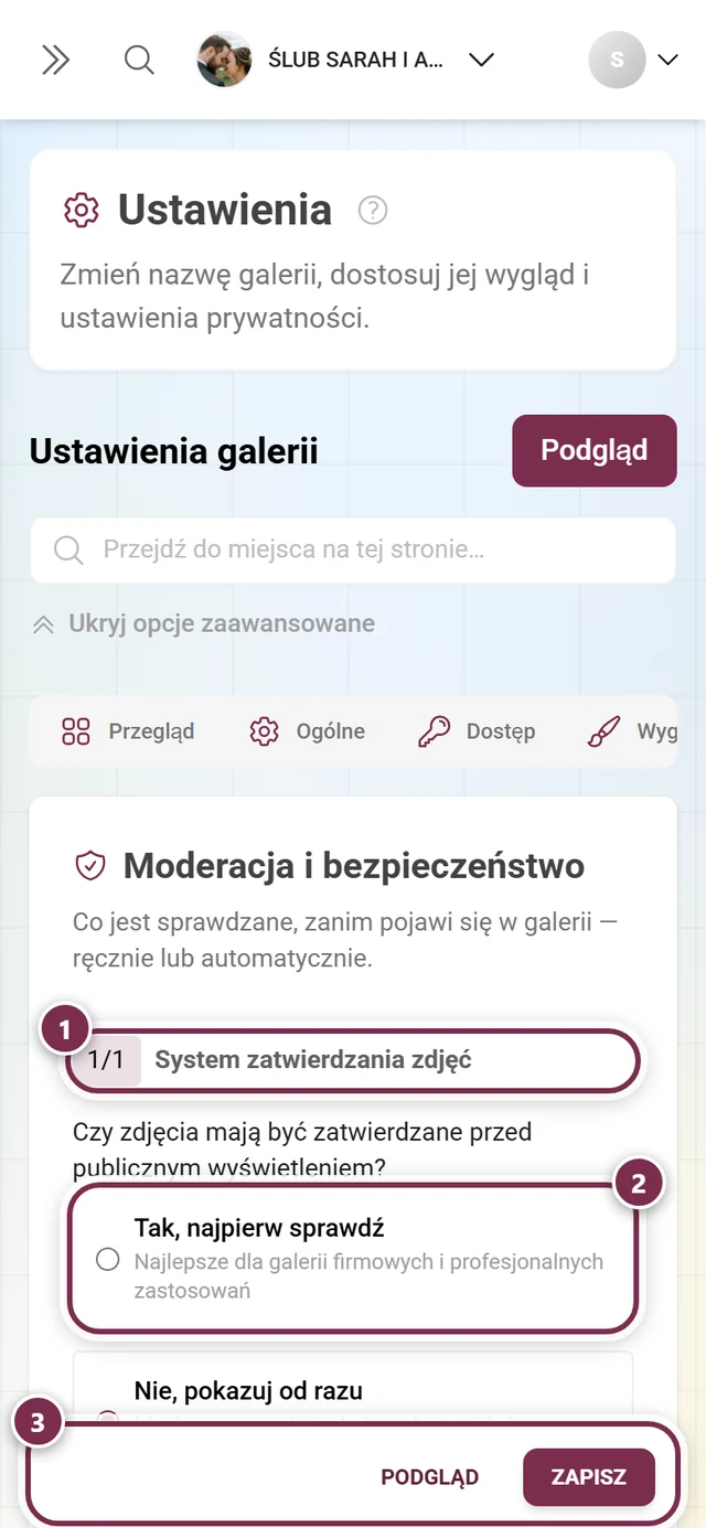 Karta ustawień Moderacja i bezpieczeństwo w panelu gospodarza