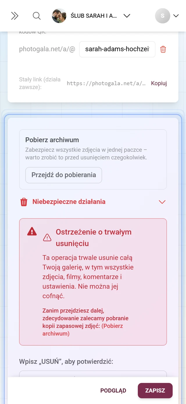 Strefa zagrożenia w ustawieniach wydarzenia z akcjami usuwania