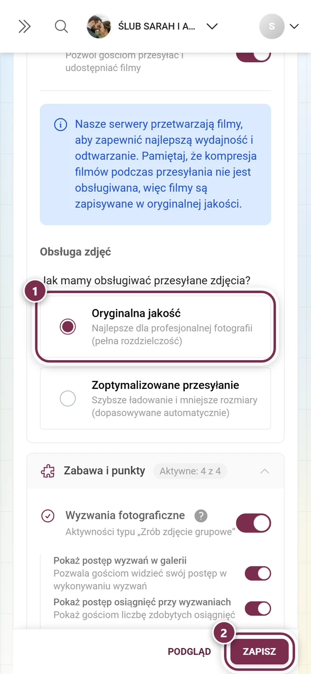 Obsługa zdjęć z zaznaczoną opcją Oryginalna jakość i zaznaczonym paskiem zapisu