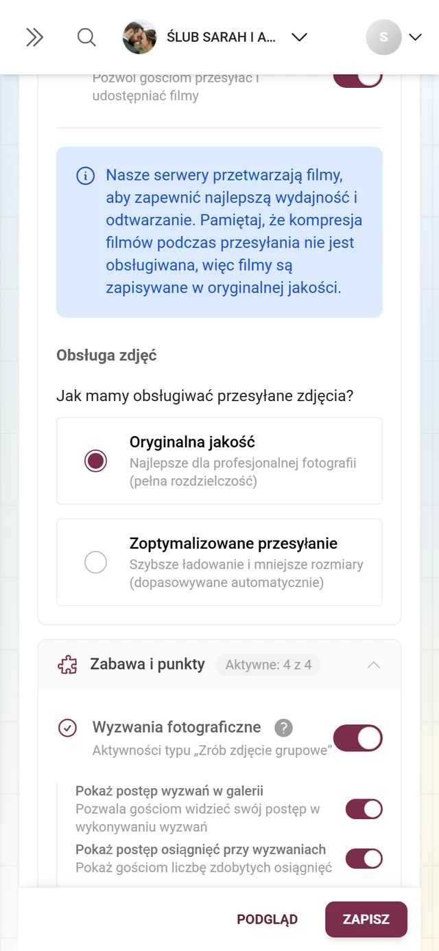 Blok jakości zdjęć w sekcji Media i przesyłanie