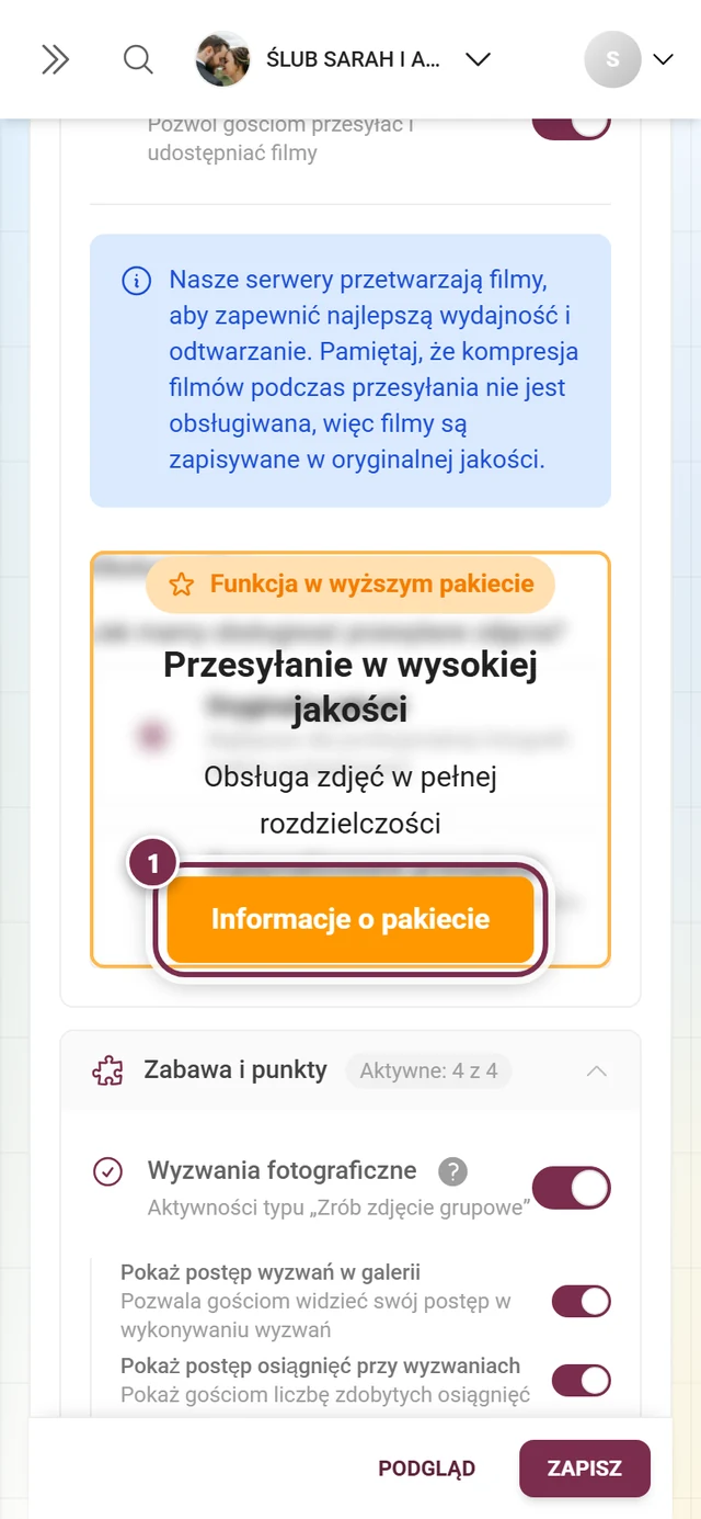 Blok Obsługa zdjęć przykryty pomarańczowym komunikatem o ulepszeniu, przycisk jest zaznaczony