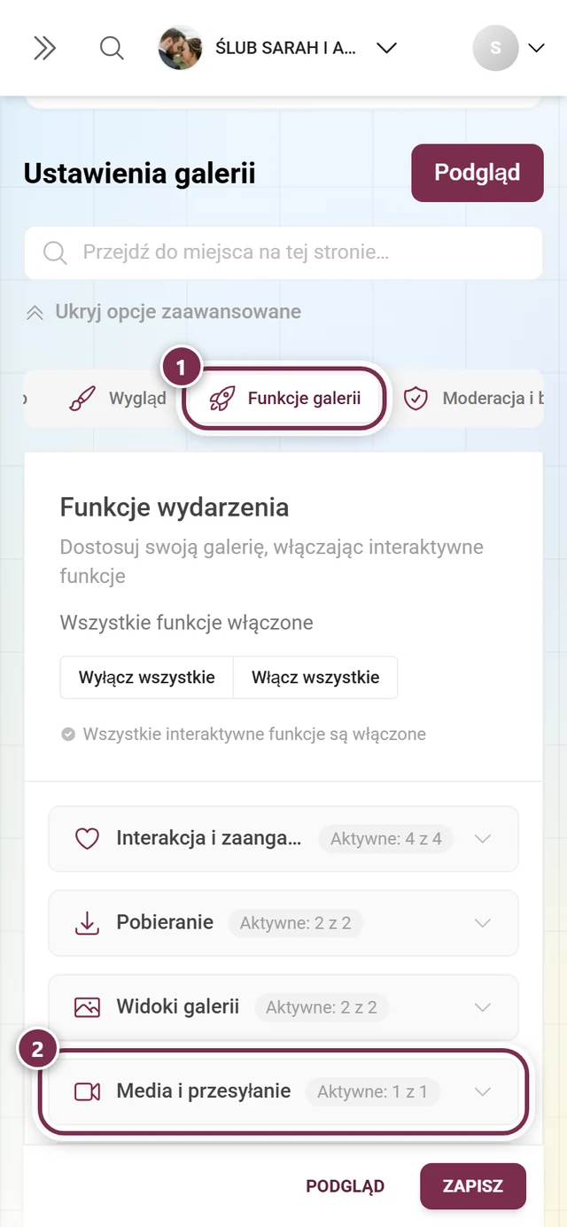 Zaznaczona karta Funkcje galerii, pod nią zaznaczona sekcja Media i przesyłanie