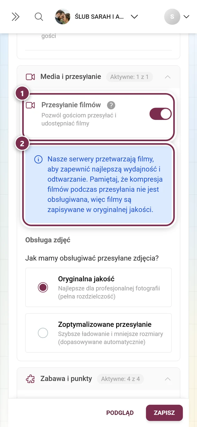 Przełącznik Przesyłanie filmów, a pod nim niebieska informacja o przetwarzaniu filmów, oba zaznaczone