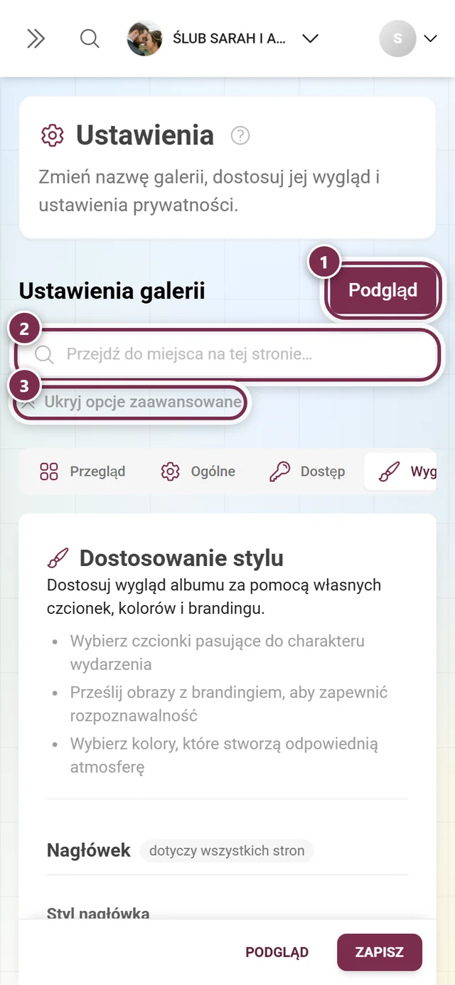 Ustawienia wyglądu z logo, kolorami i zdjęciem w tle