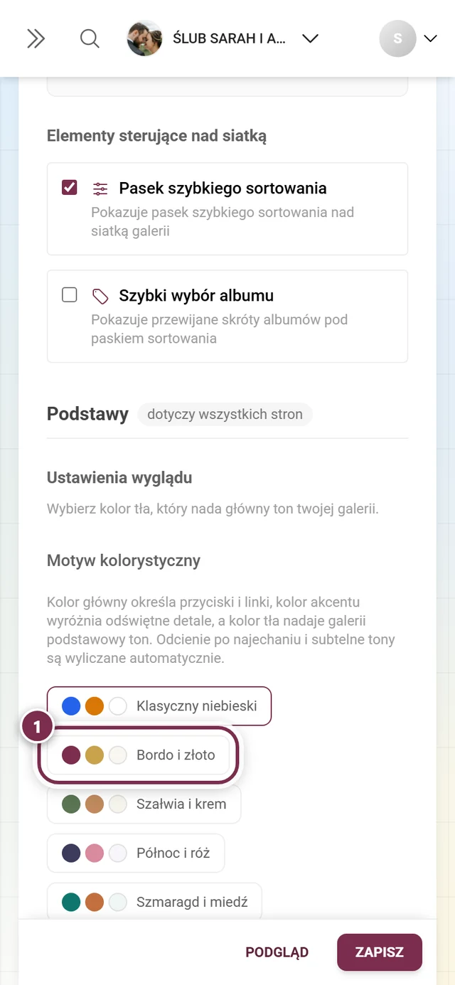 Palety kolorów w obszarze wyglądu z wyróżnioną paletą Bordo i złoto