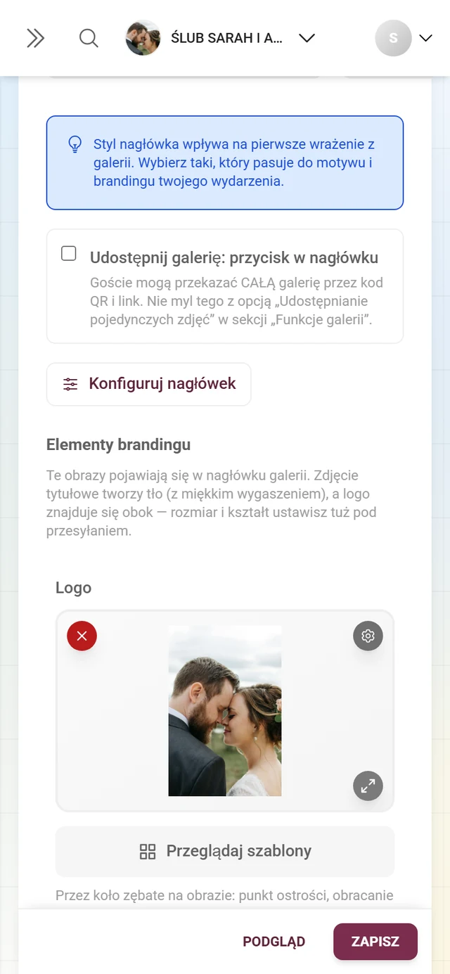 Pole wyboru Udostępnij galerię, przycisk Konfiguruj nagłówek i puste pola przesyłania Logo i Zdjęcie tytułowe