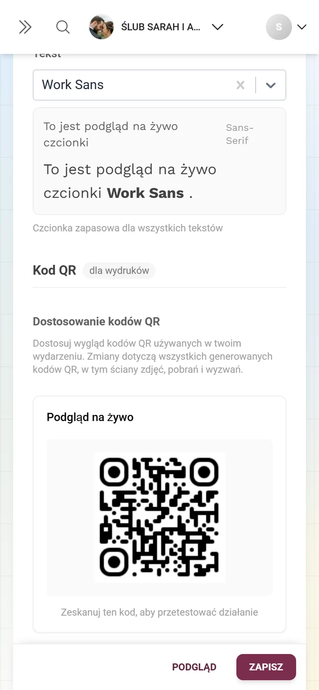 Blok Dostosowanie kodów QR z podglądem na żywo, przyciskiem Kreator kodów QR i poradami