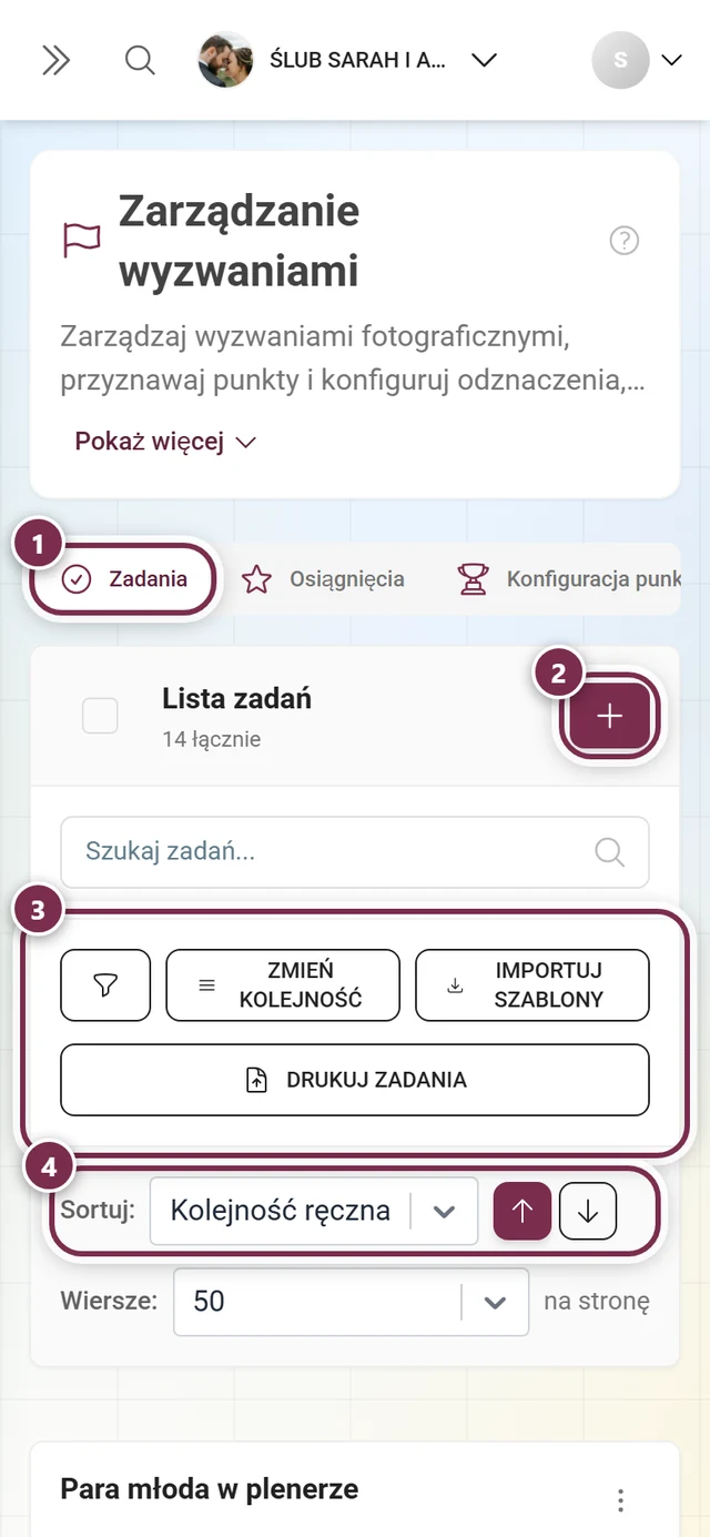 Zarządzanie zadaniami z zaznaczonym paskiem zakładek, przyciskiem tworzenia, paskiem narzędzi i sortowaniem