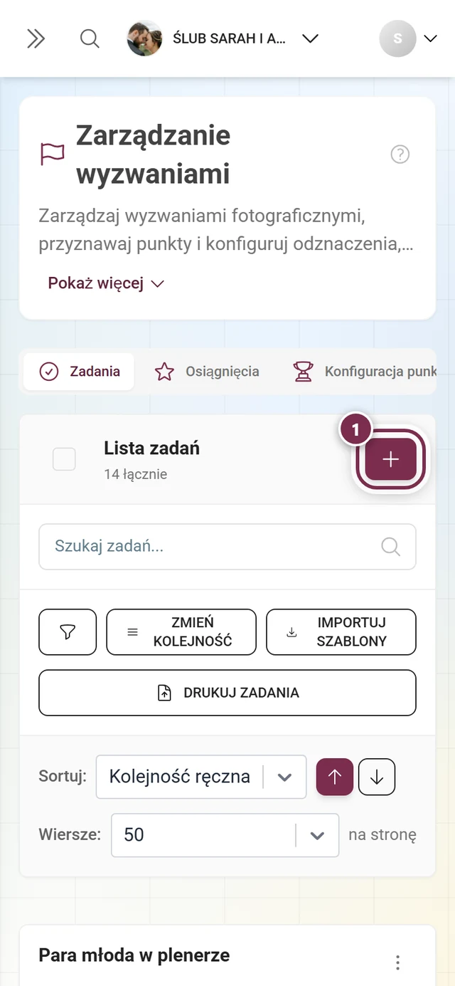 Zarządzanie wyzwaniami z zaznaczonym na czerwono przyciskiem Utwórz zadanie w prawym górnym rogu nad paskiem narzędzi