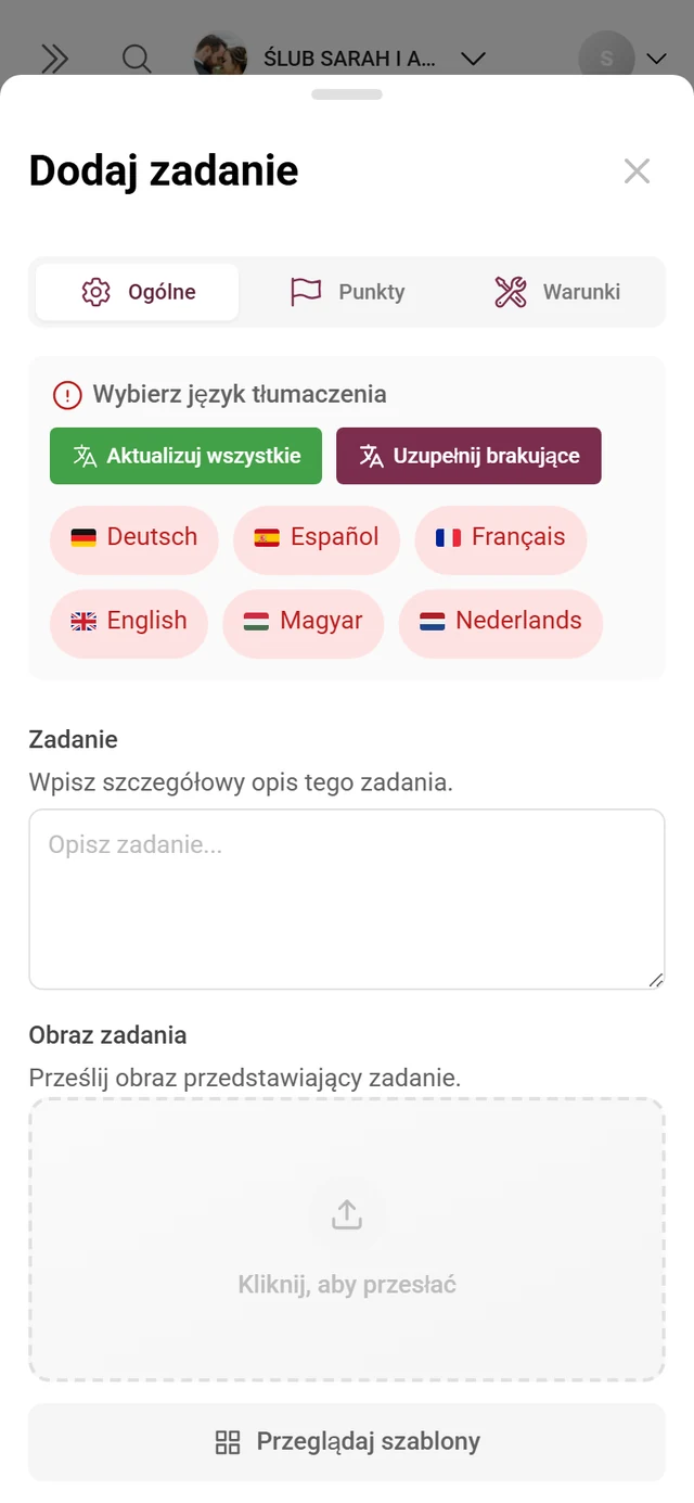 Edytor zadań z polami na zadanie, obraz referencyjny, punkty i sortowanie