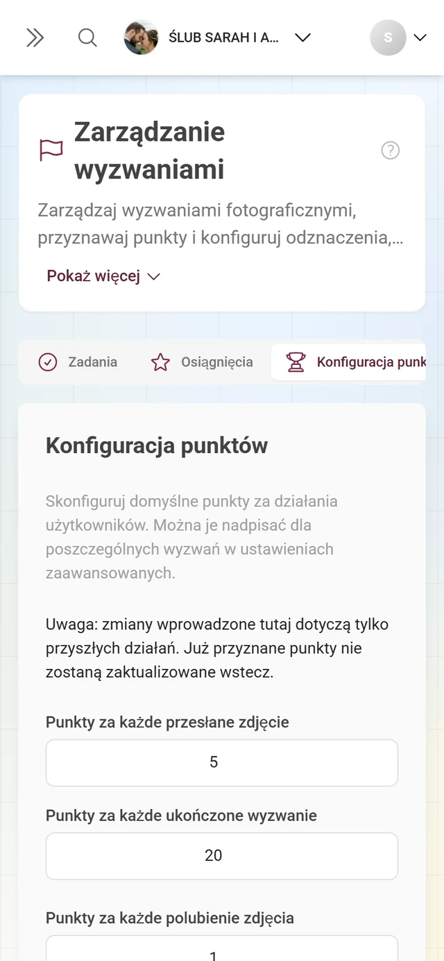 Zakładka Konfiguracja punktów z wartościami punktowymi dla każdej akcji