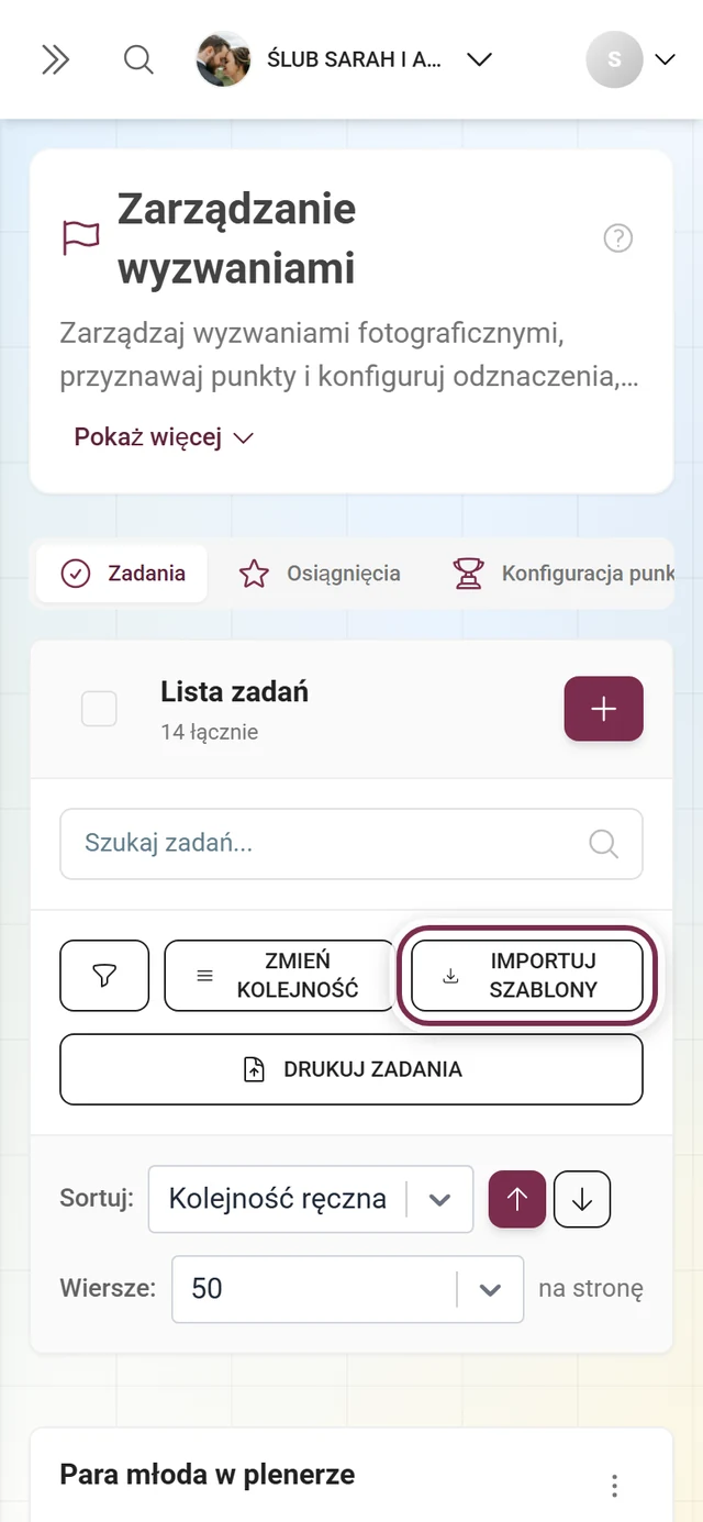 Pasek narzędzi zarządzania wyzwaniami z zaznaczonym na czerwono przyciskiem Importuj szablony