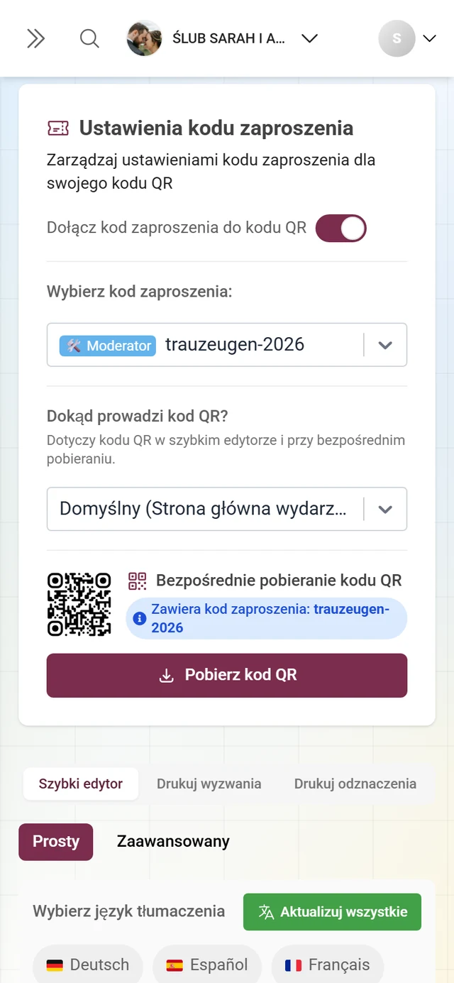 Karta Ustawienia kodu zaproszenia z przełącznikiem, celem kodu QR i bezpośrednim pobieraniem