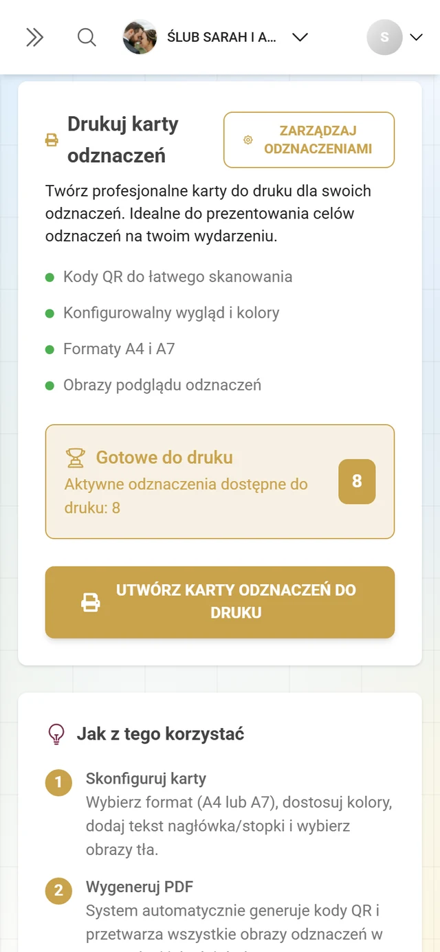 Karta Drukuj odznaczenia z panelem kart odznaczeń do druku