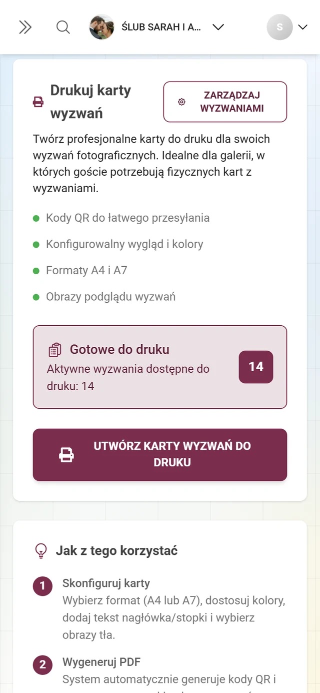 Karta Drukuj wyzwania z panelem Drukuj karty wyzwań