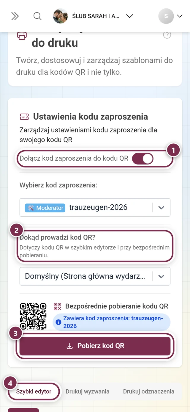 Strona Szablony do druku z wyróżnionym przełącznikiem kodu zaproszenia, celem QR, przyciskiem pobierania i zakładkami