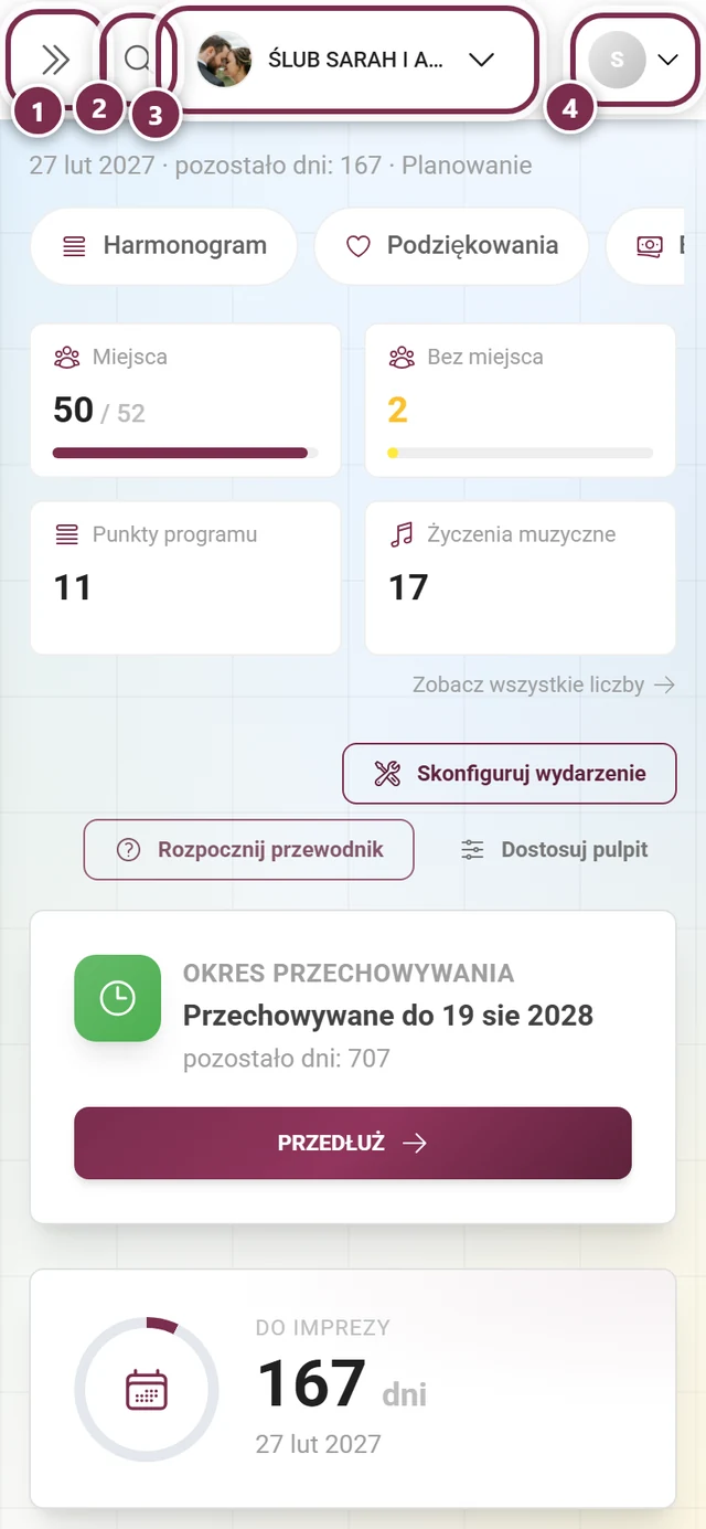 Górny pasek panelu administratora na telefonie z czterema elementami oznaczonymi na czerwono od 1 do 4