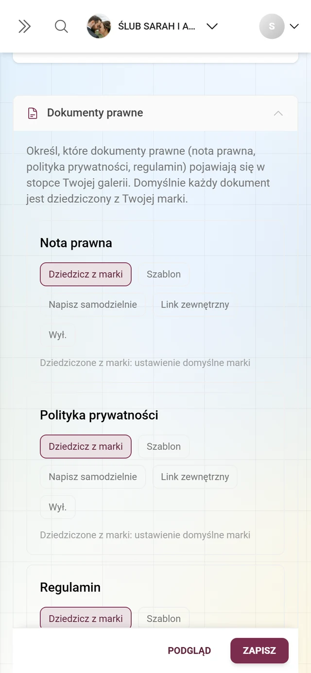 Rozwinięta sekcja Dokumenty prawne na karcie White-label