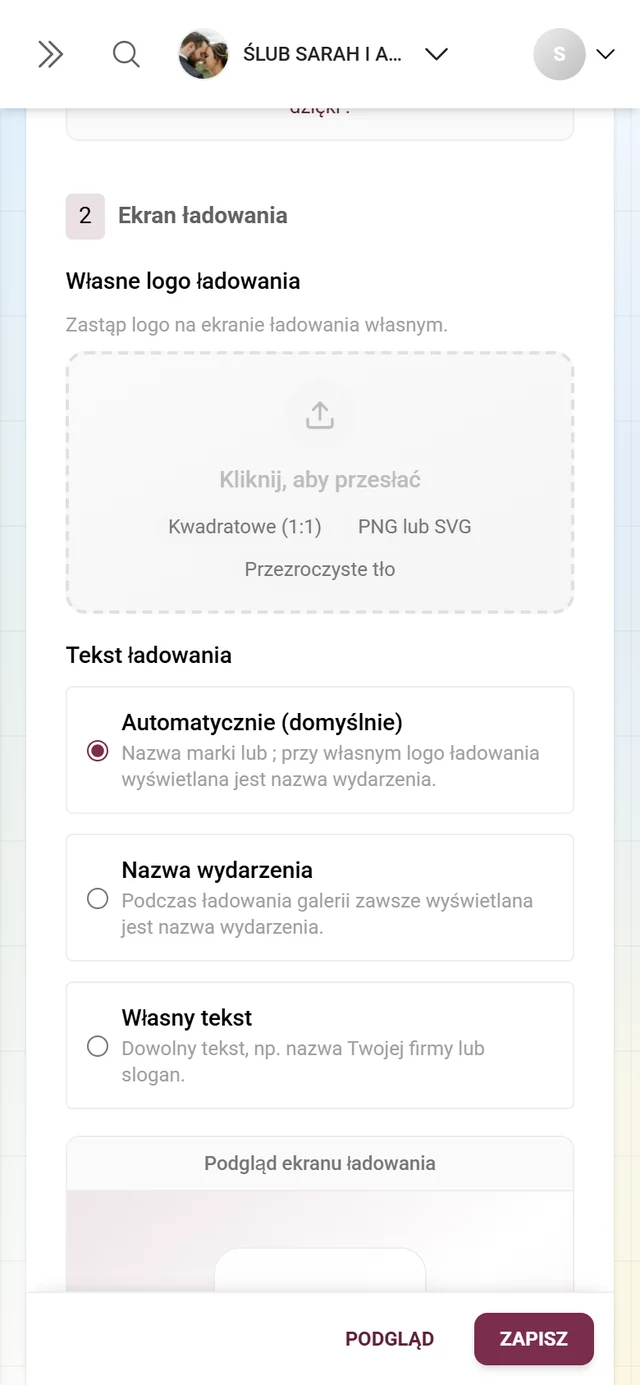 Blok 2 Ekran ładowania z polem na logo i trzema opcjami tekstu ładowania