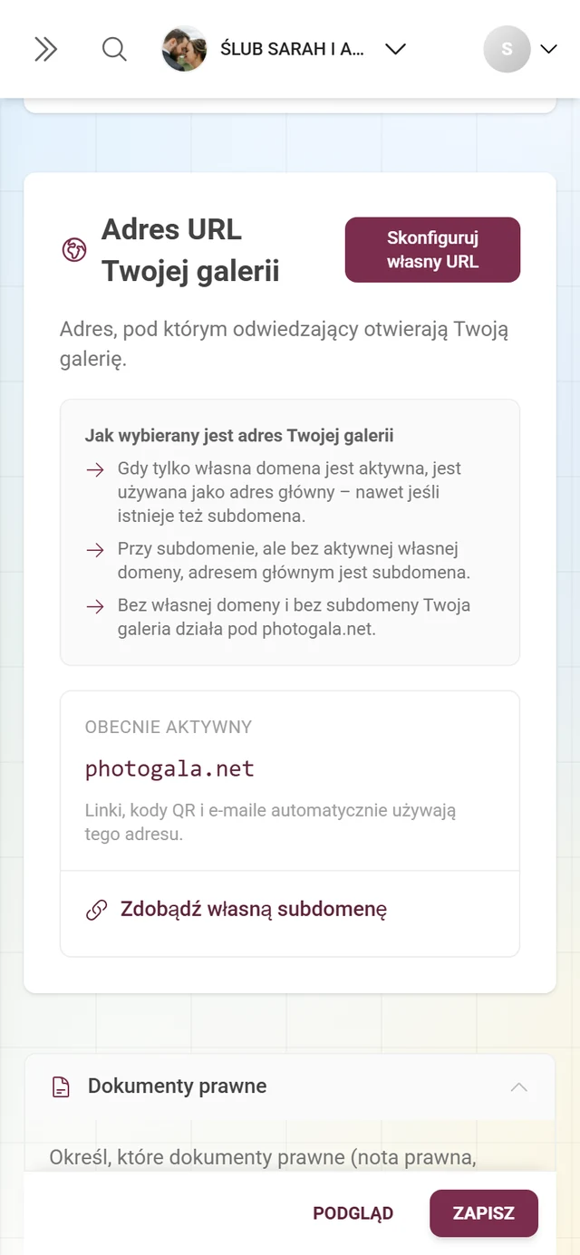 Sekcja Adres URL Twojej galerii z aktualnym adresem