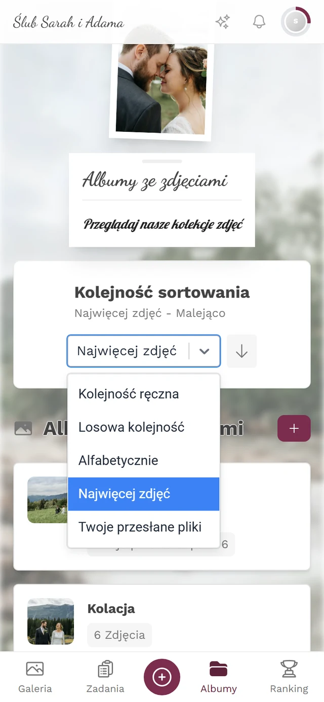 Otwarta lista rozwijana sortowania z pięcioma opcjami