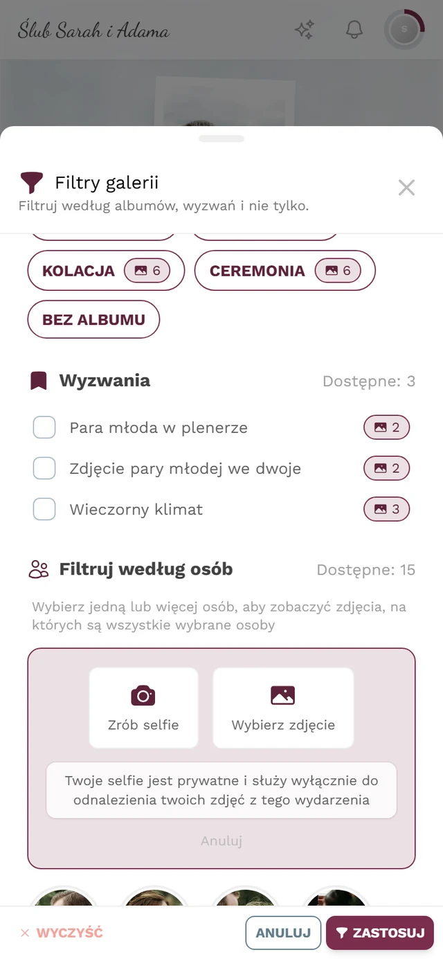 Wybór źródła Znajdź mnie z przyciskami Zrób selfie i Wybierz zdjęcie oraz informacją o prywatności