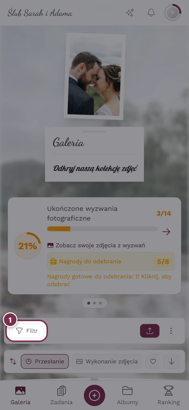 Pasek galerii z wyróżnionym przyciskiem Filtr