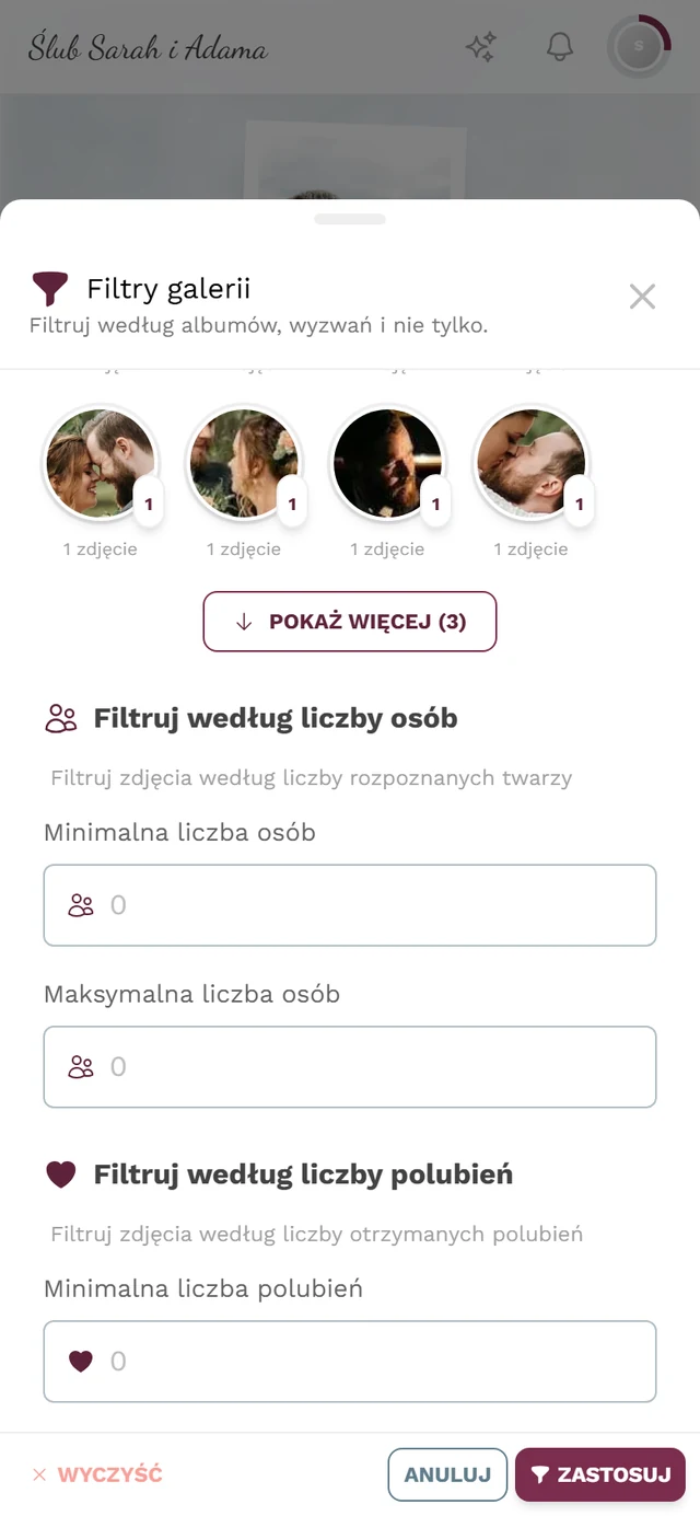Sekcja filtra Filtruj według liczby osób z polami Minimalna i Maksymalna liczba osób
