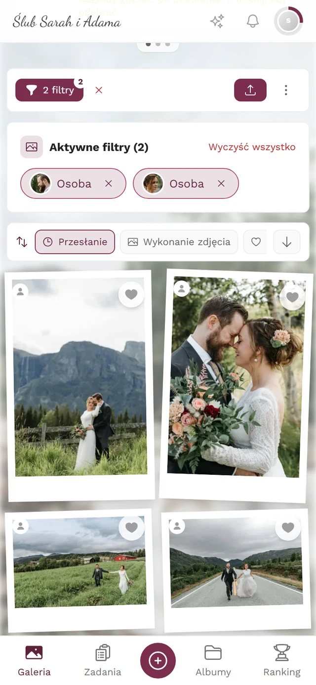 Ramka Aktywne filtry nad galerią z dwoma chipami osób i linkiem Wyczyść wszystko