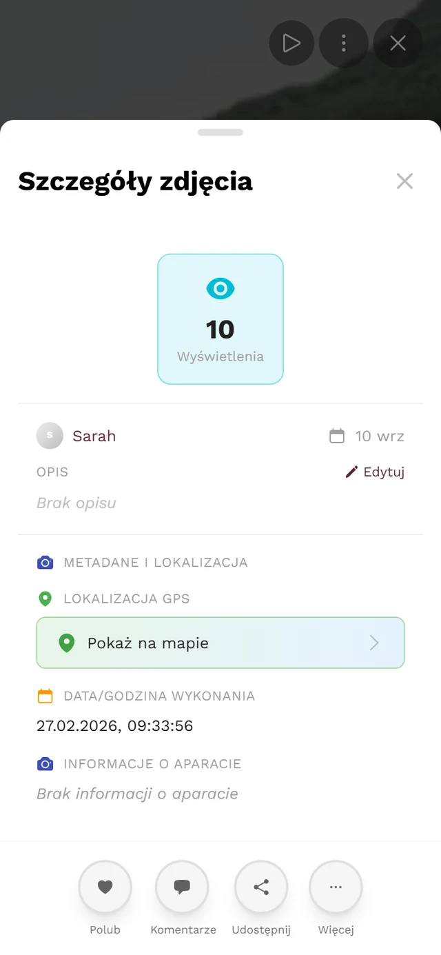 Szczegóły zdjęcia w trybie edycji z lokalizacją GPS, datą wykonania, informacjami o aparacie, prawami autorskimi oraz wierszami Punkt ostrości i Przytnij