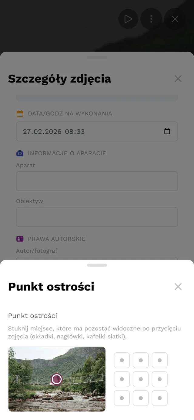 Okienko Punkt ostrości z podglądem, znacznikiem i siatką dziewięciu pól