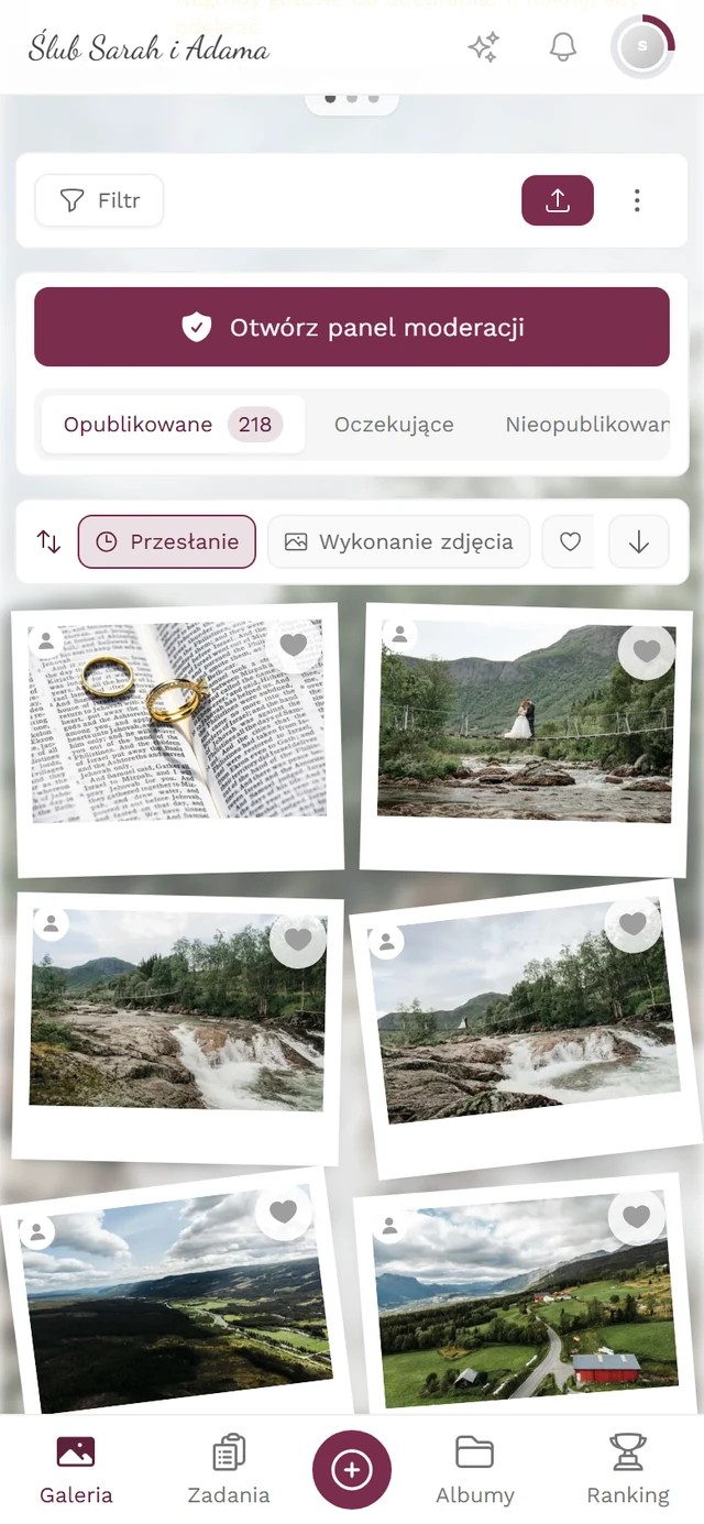 Galeria z kartą Panel moderacji między paskiem filtrów a siatką zdjęć, z kartami Opublikowane, Oczekujące i Nieopublikowane