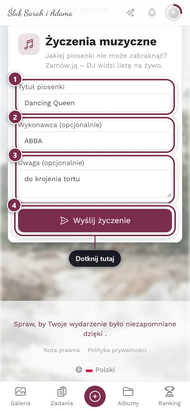 Wypełniony formularz z Dancing Queen, ABBA i uwagą, pod spodem przycisk Wyślij życzenie