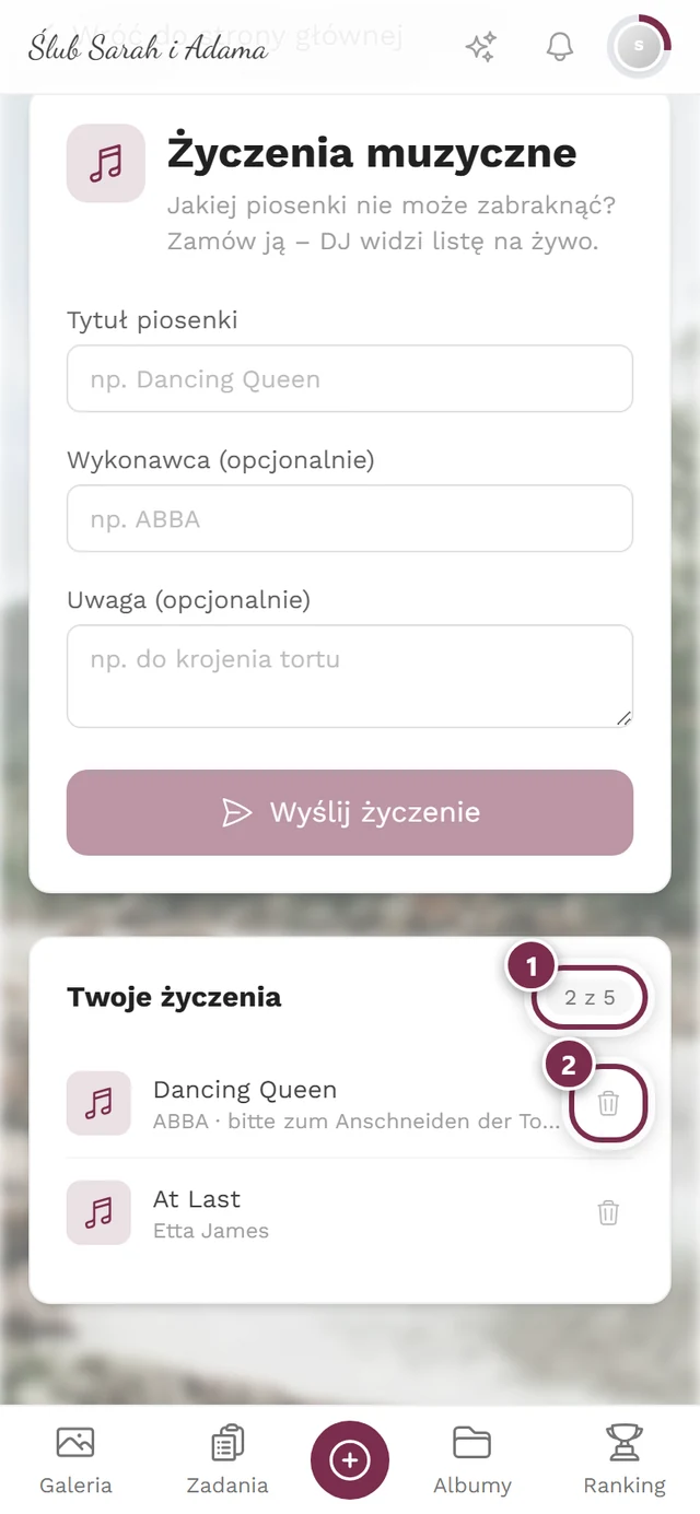 Sekcja Twoje życzenia z dwoma wpisami, licznikiem 2 z 5 i symbolami kosza