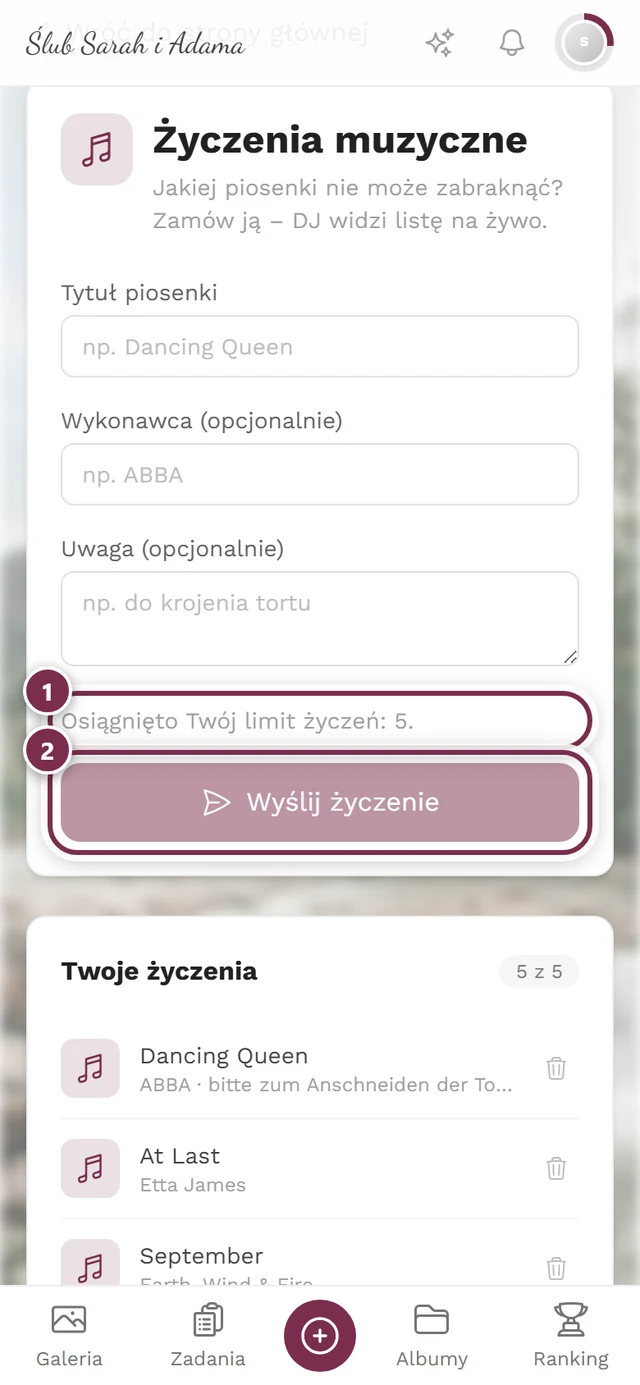 Formularz z szarym przyciskiem i informacją Osiągnięto Twój limit życzeń: 5