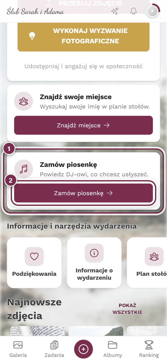 Strona główna wydarzenia z kartą Zamów piosenkę i przyciskiem Zamów piosenkę
