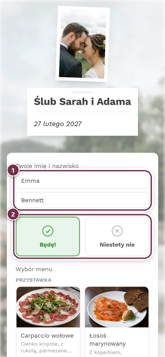 Widok klasyczny bez kreatora z polami imienia, kartami potwierdzenia i menu poniżej