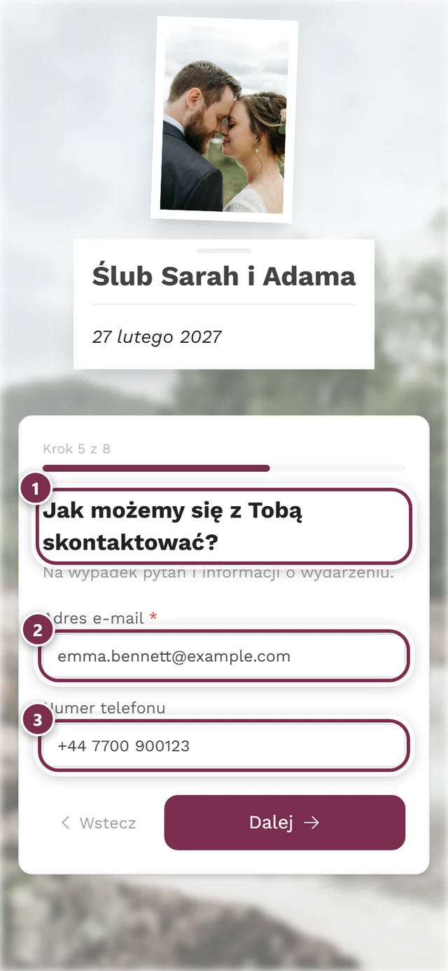 Krok Jak możemy się z Tobą skontaktować z obowiązkowym polem adresu e-mail i opcjonalnym polem telefonu