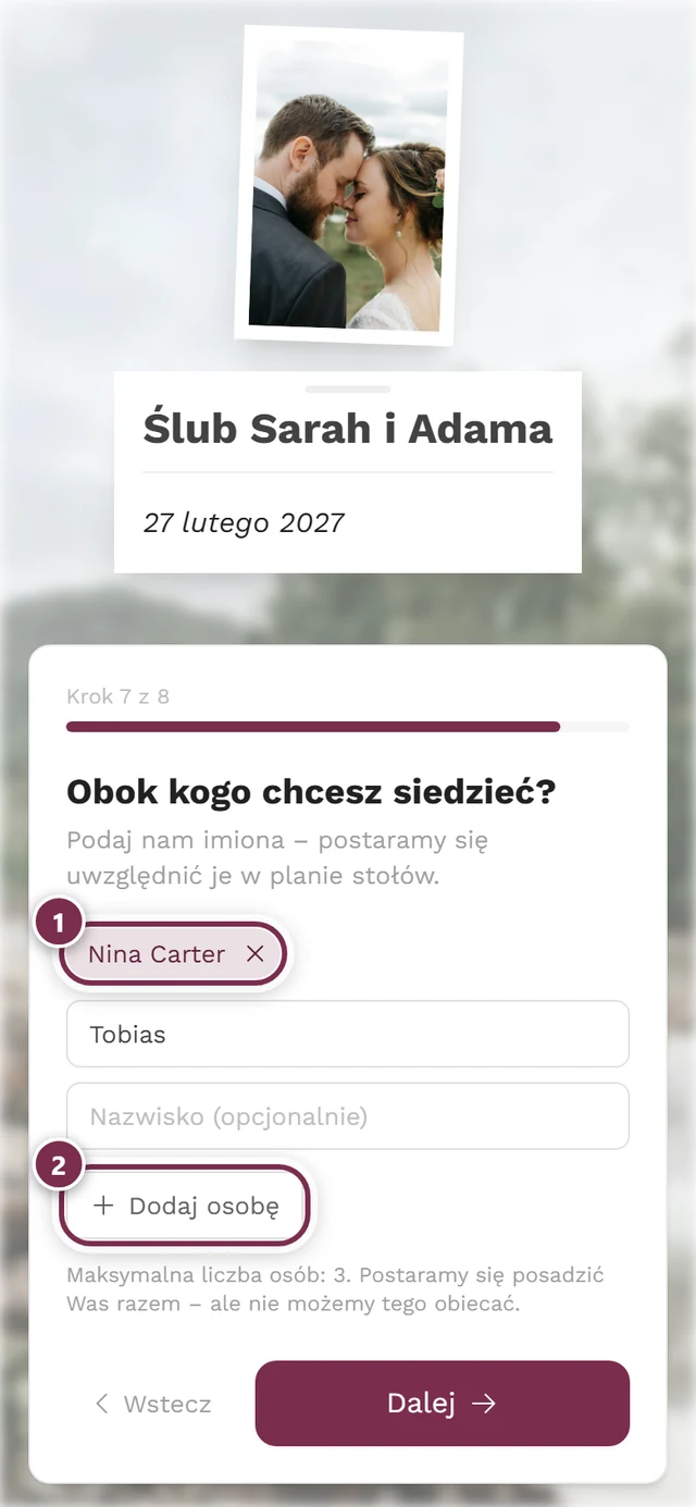 Krok Obok kogo chcesz siedzieć z jednym chipem i częściowo wypełnionym polem imienia