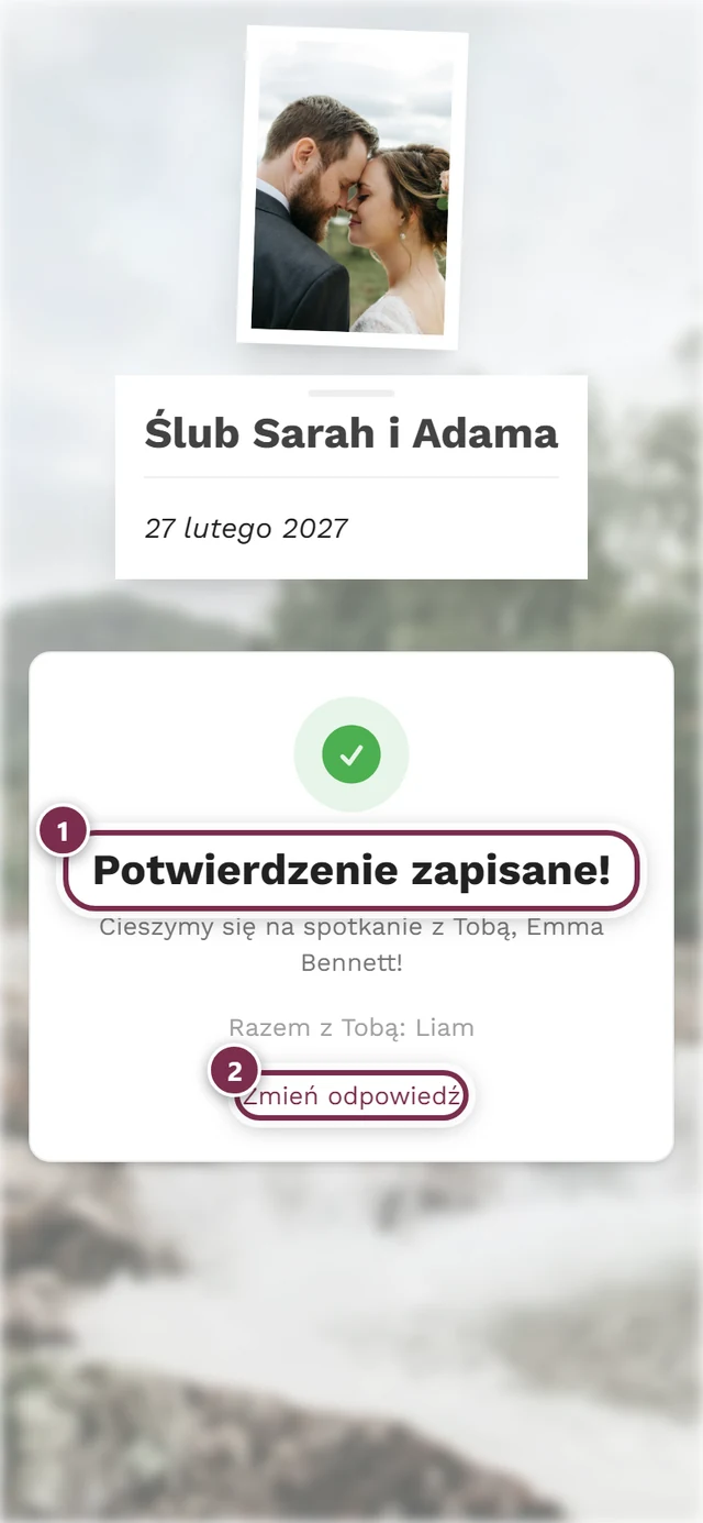 Strona potwierdzenia z nagłówkiem Potwierdzenie zapisane i przyciskiem Zmień odpowiedź