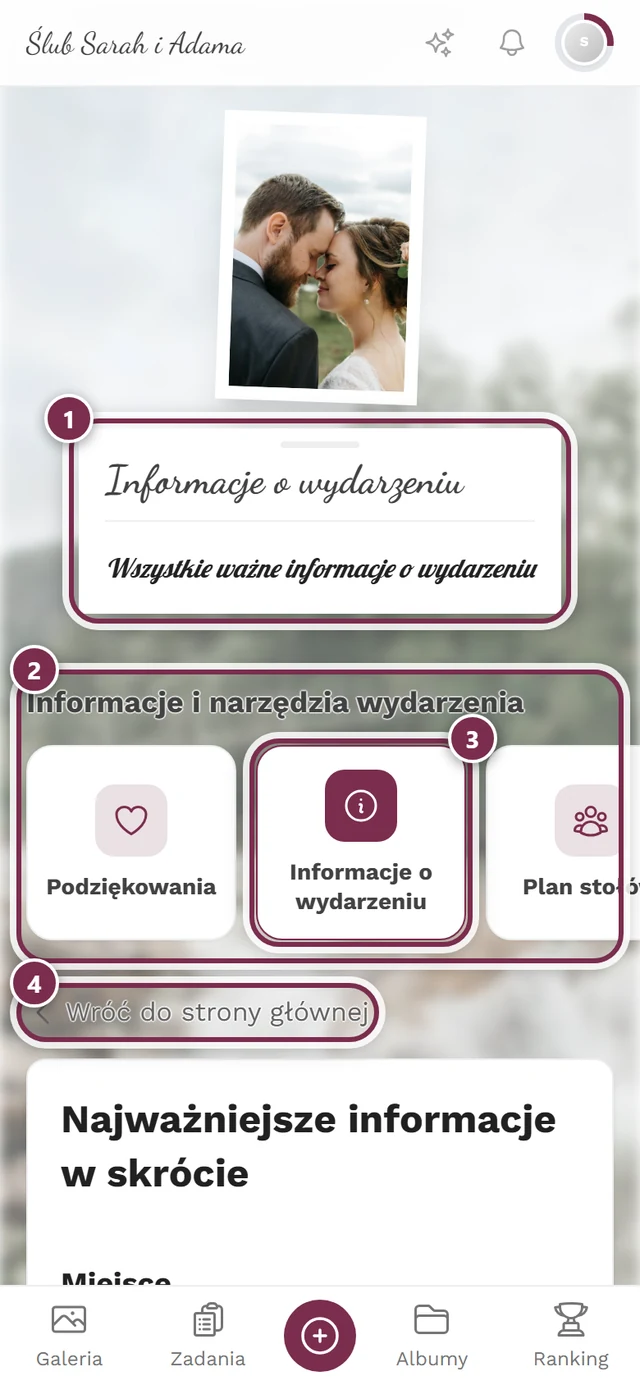 Strona narzędzia z perspektywy gościa z ponumerowanymi kółkami wokół karty nagłówka, rzędu kafelków, aktywnego kafelka i linku powrotu