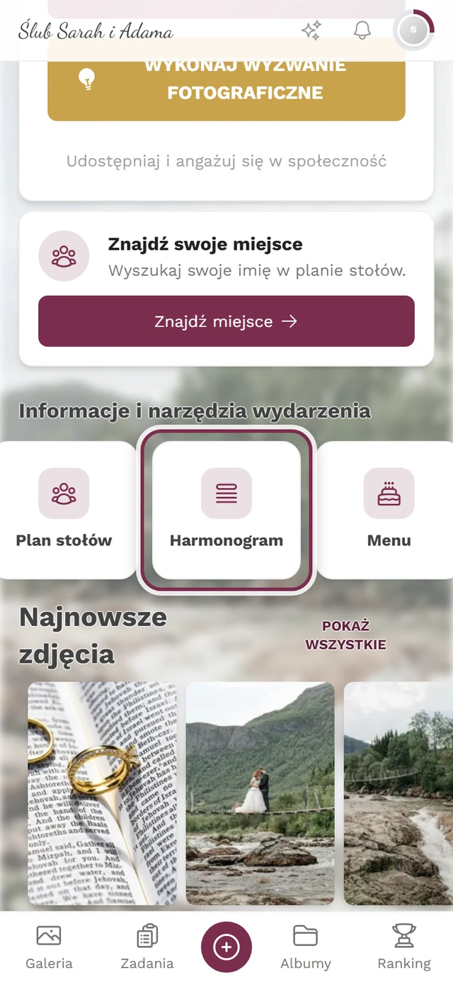 Strona główna wydarzenia z wyróżnionym kafelkiem Harmonogram na pasku narzędzi