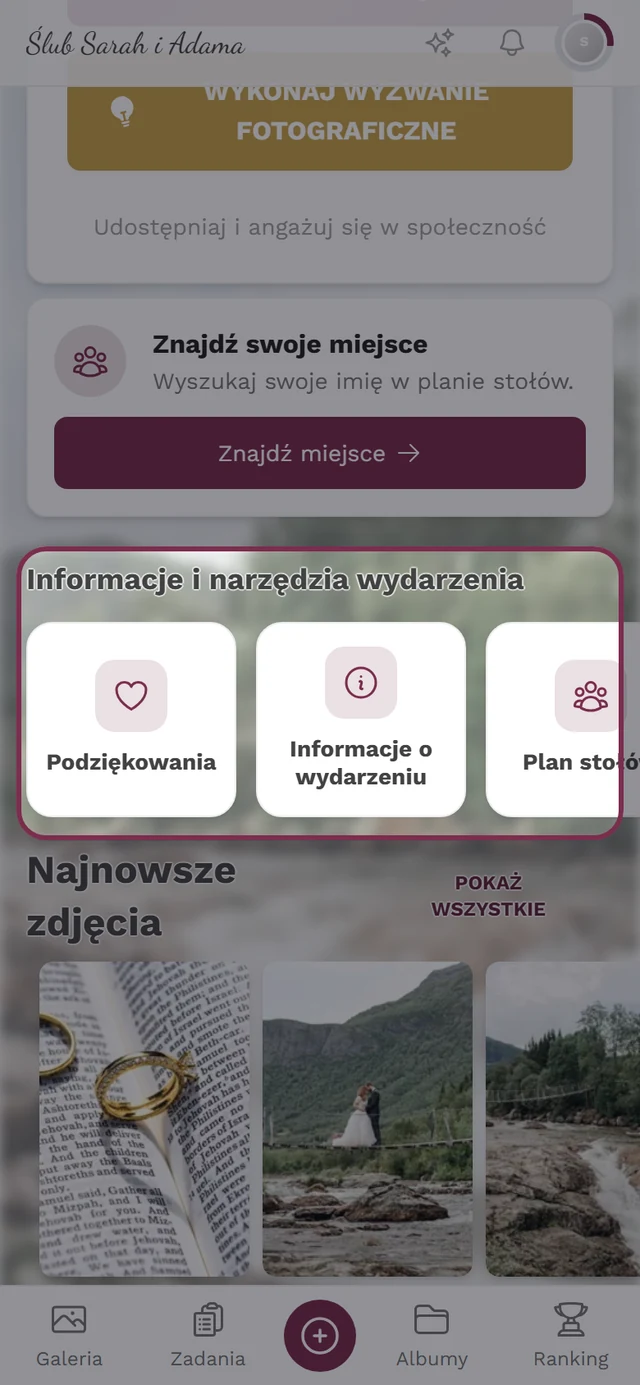 Strona główna wydarzenia z paskiem Informacje i narzędzia