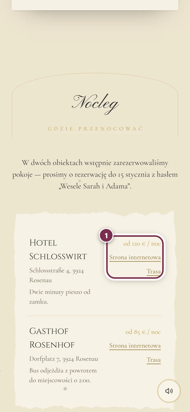 Sekcja Nocleg z dwoma obiektami i pierścieniem wokół ceny, Strony internetowej i Trasy przy pierwszym obiekcie