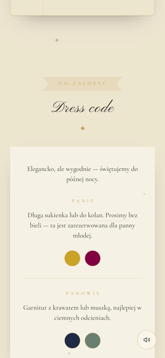 Sekcja Dress code z grupami Panie i Panowie i dwoma kolorowymi kółkami w każdej