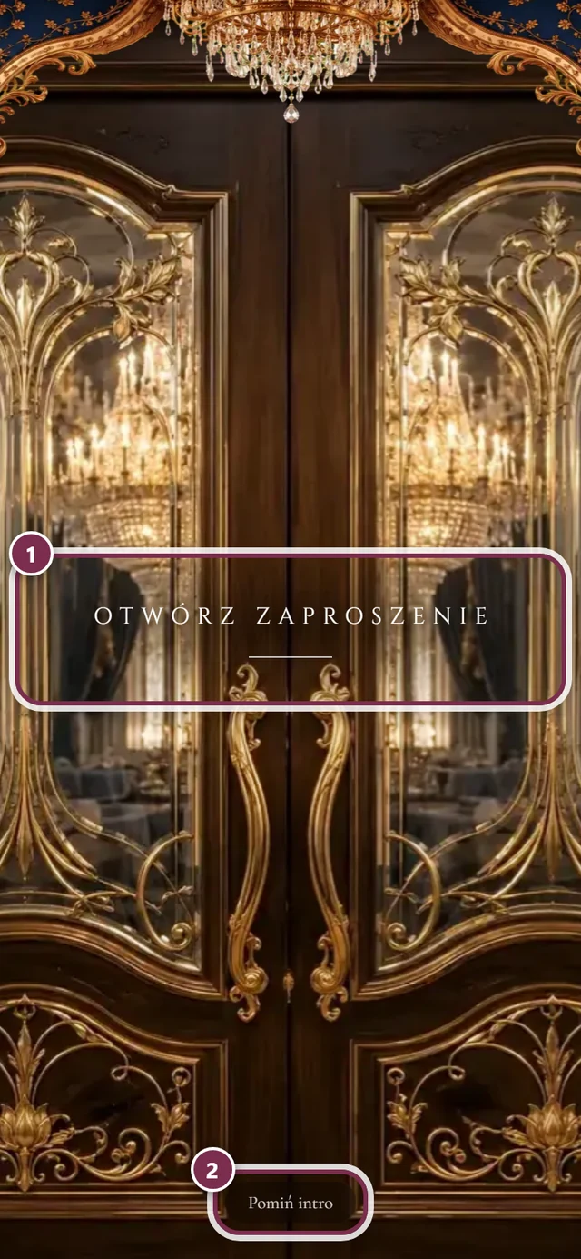 Zamknięta brama zaproszenia cyfrowego z ponumerowanymi kółkami wokół Otwórz zaproszenie i Pomiń intro