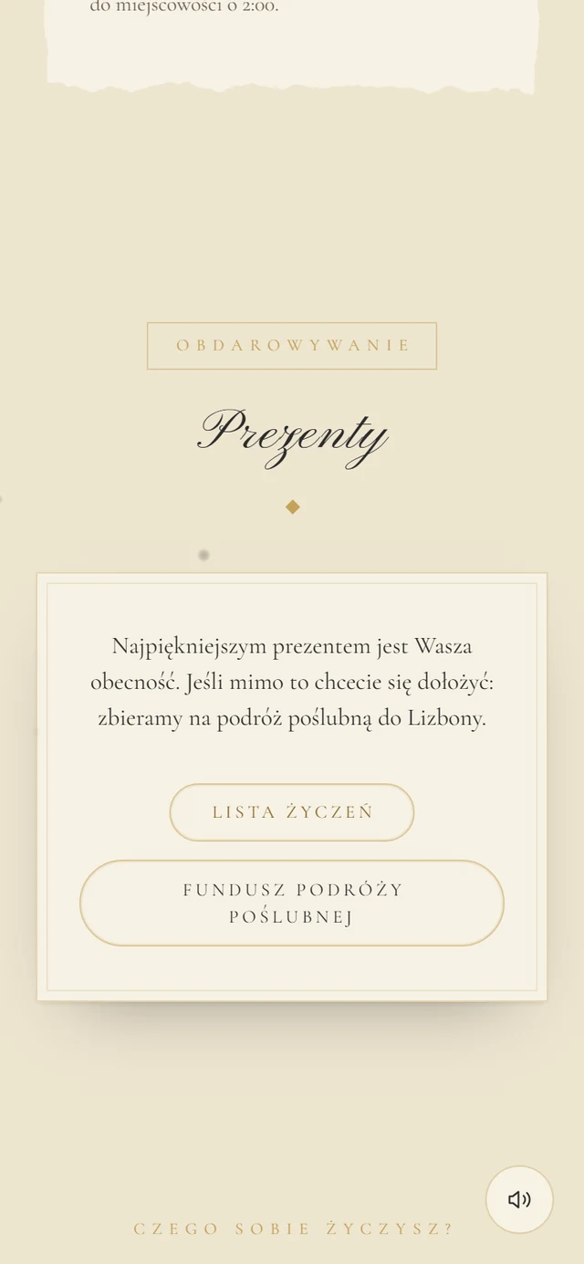 Sekcja Prezenty z tekstem i dwoma przyciskami Lista prezentów i Fundusz podróży