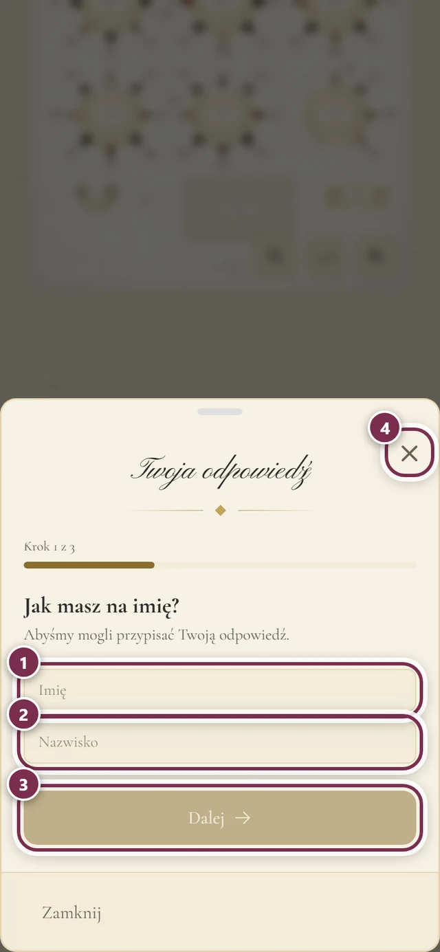 Okno odpowiedzi Twoja odpowiedź z pierścieniami wokół pól Imię, Nazwisko, przycisku Dalej i krzyżyka zamykania