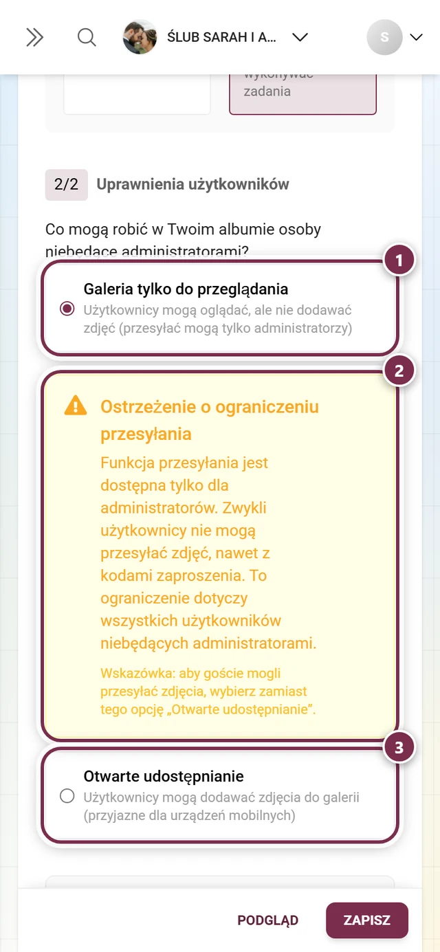 Sekcja Uprawnienia użytkowników z wybraną opcją Galeria tylko do przeglądania i żółtym ostrzeżeniem o ograniczeniu przesyłania
